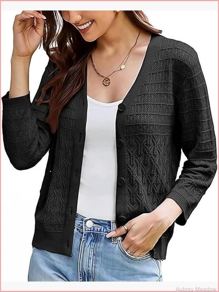 Lightweight Crochet Cardigan, 3/4 Sleeve Cropped Knit Shrug Top